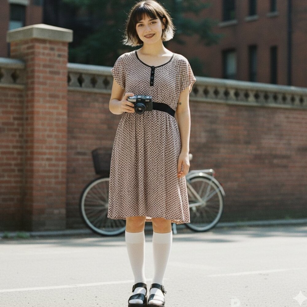 🦢 Bella Bird Print Dress Elastic Waist Cottagecore L 🍄
